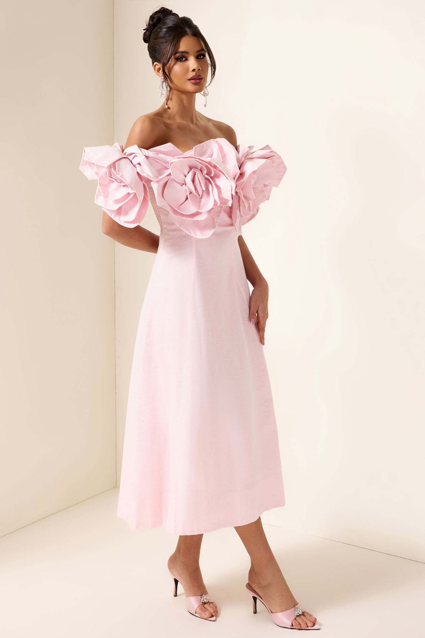 3D Flower Solid Off-Shoulder Midi Dress