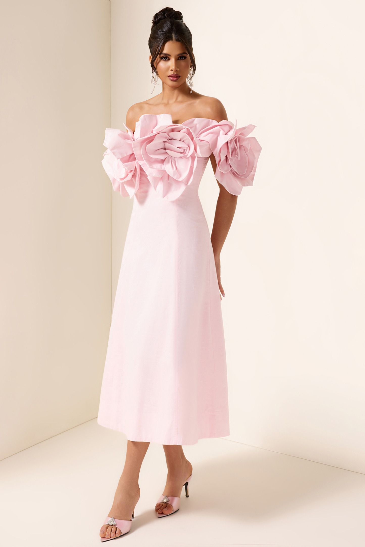 3D Flower Solid Off-Shoulder Midi Dress