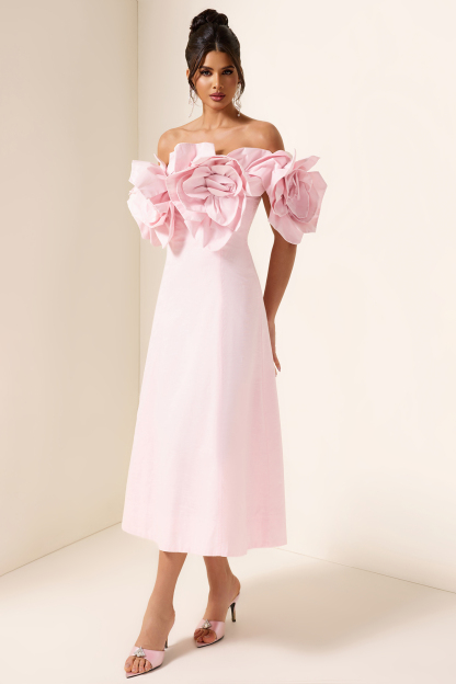3D Flower Solid Off-Shoulder Midi Dress
