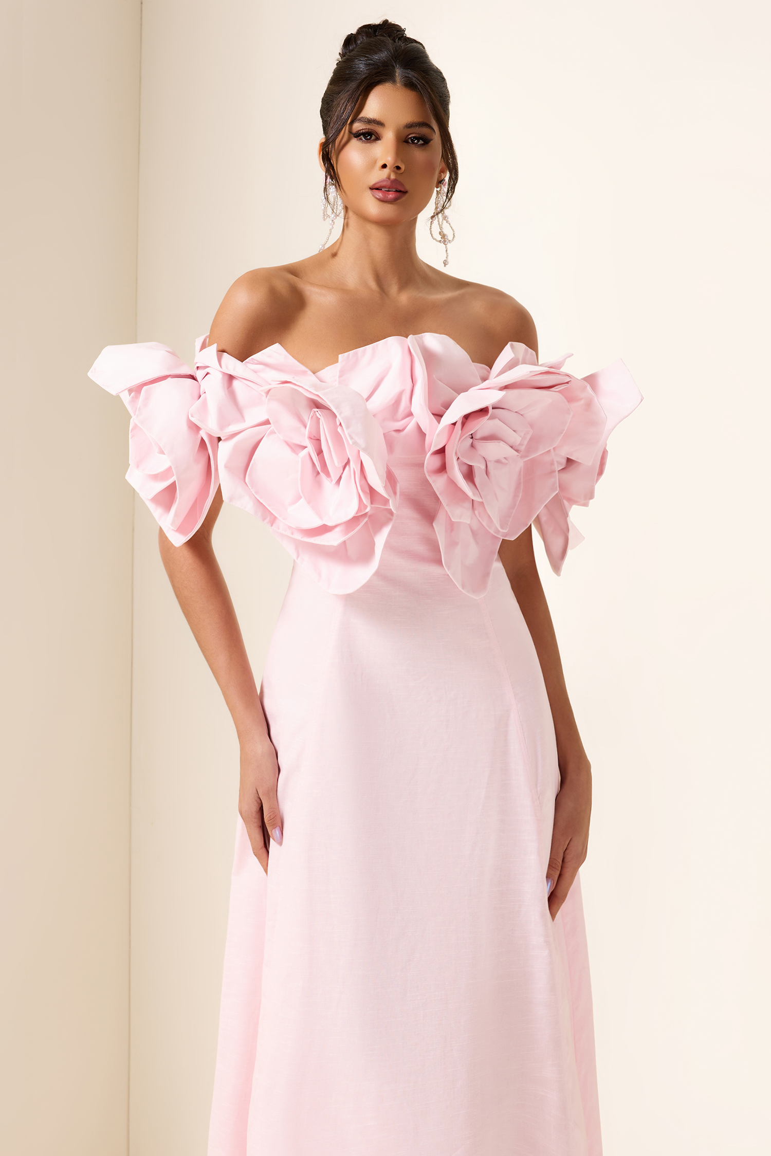 3D Flower Solid Off-Shoulder Midi Dress
