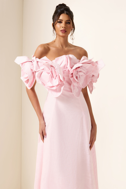 3D Flower Solid Off-Shoulder Midi Dress