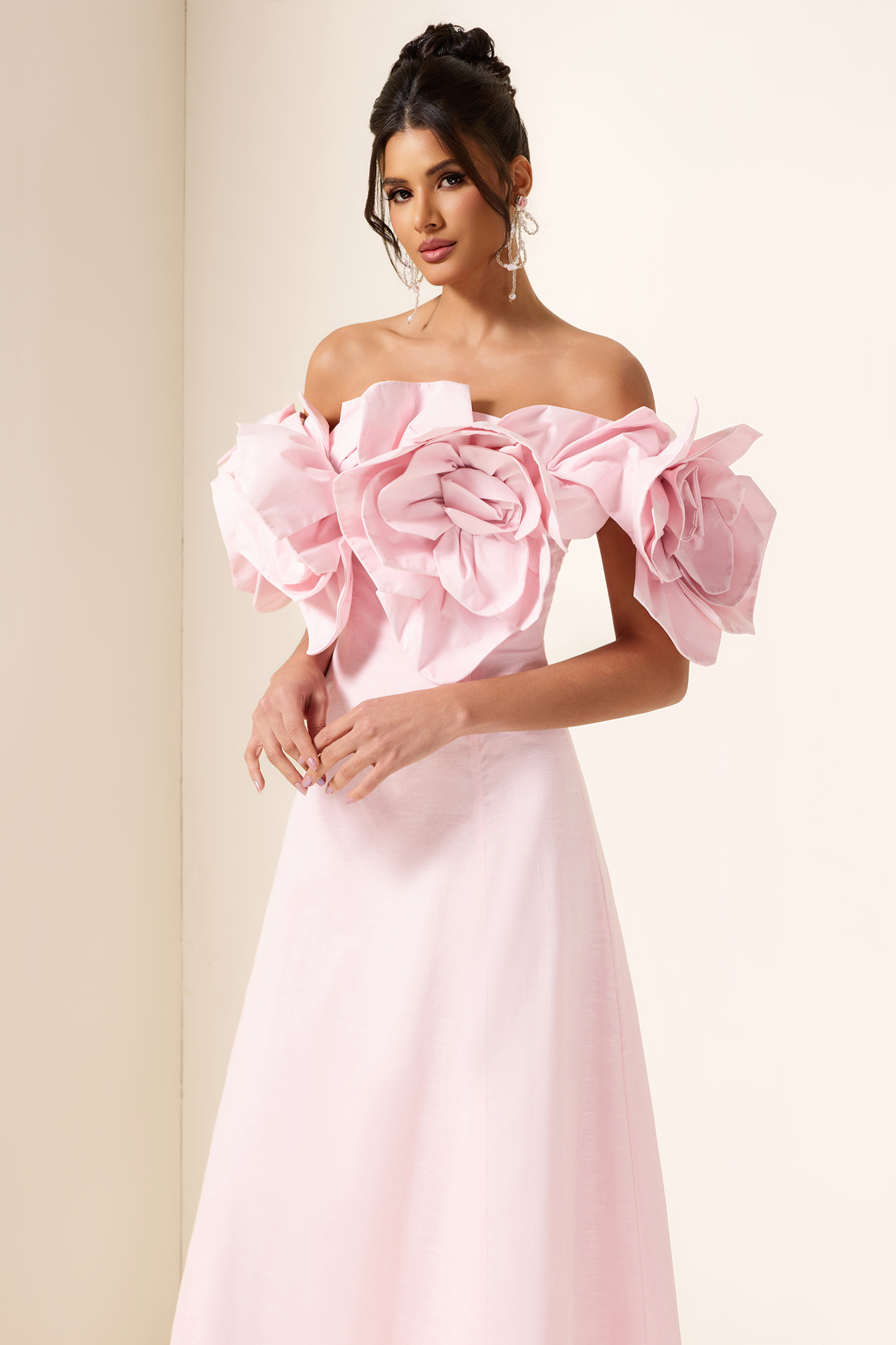 3D Flower Solid Off-Shoulder Midi Dress