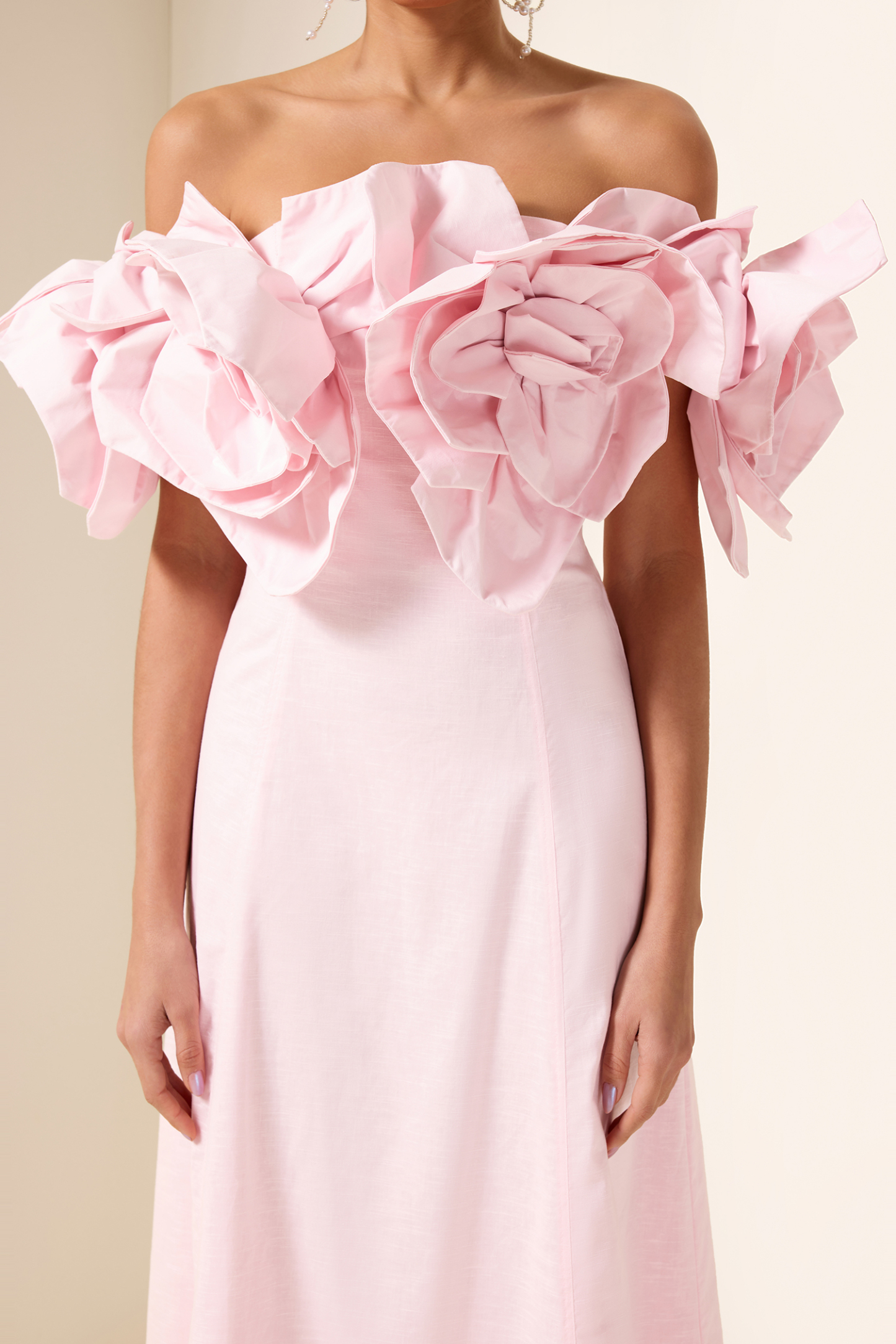 3D Flower Solid Off-Shoulder Midi Dress