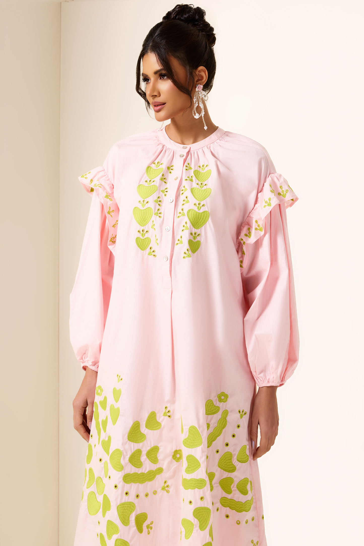 Embroidered Lantern Sleeve Heart Print Midi Dress
