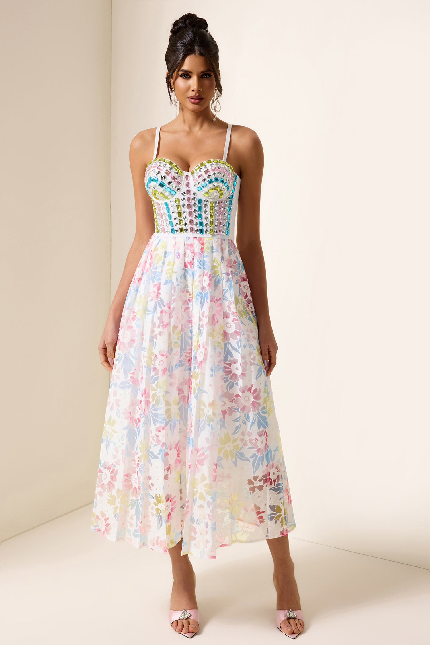 Rhinestone Corset Pleated Midi Dress