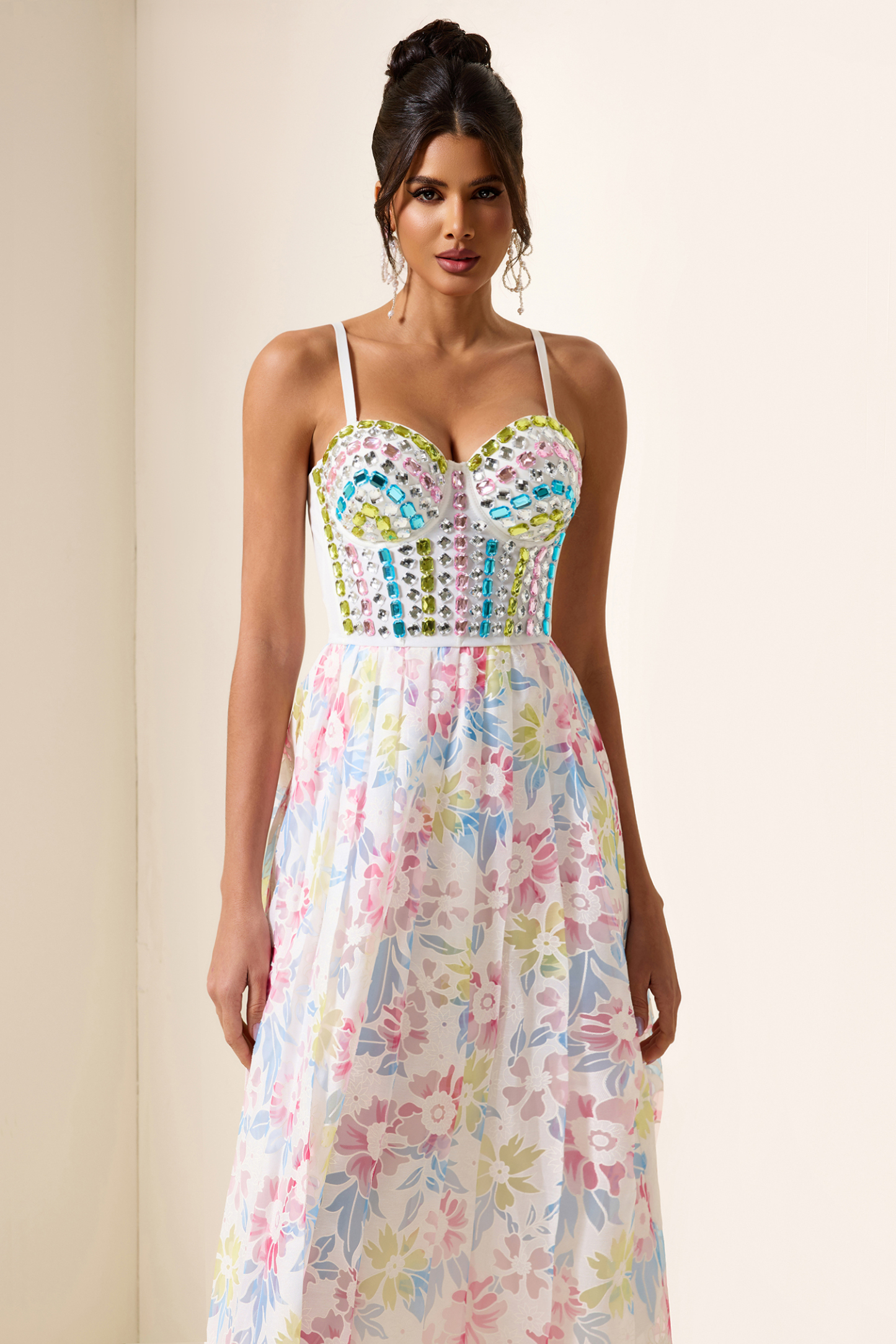 Rhinestone Corset Pleated Midi Dress