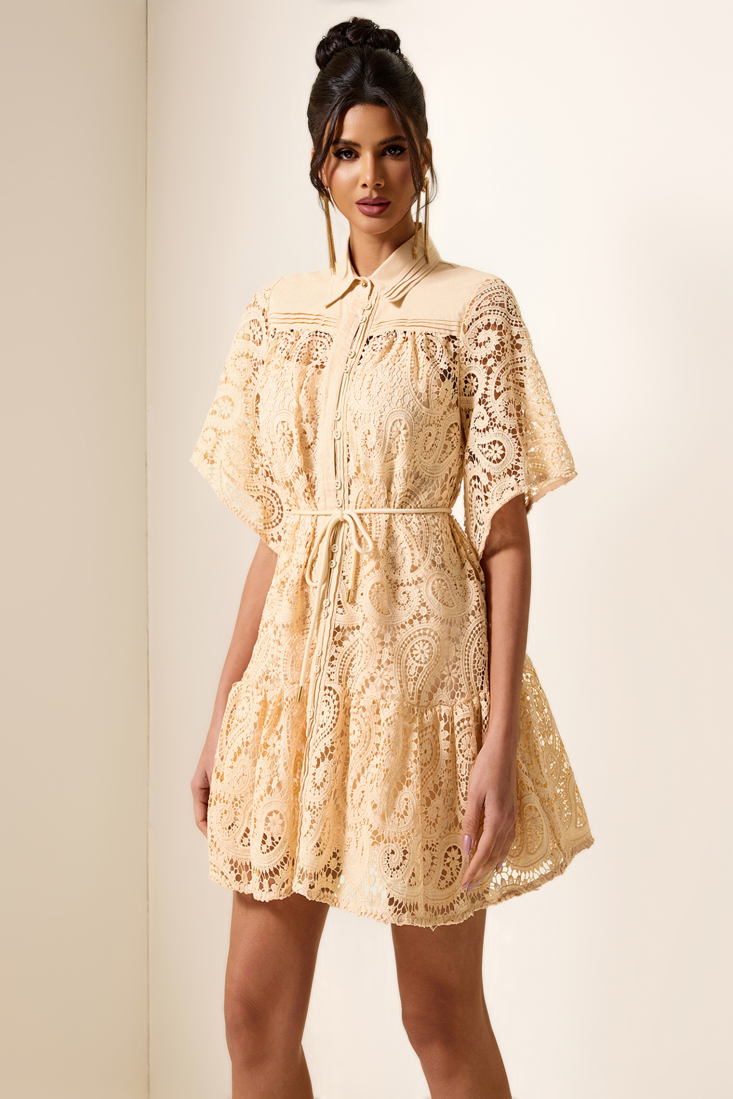 Solid Lace Shirt Collar Mini Dress