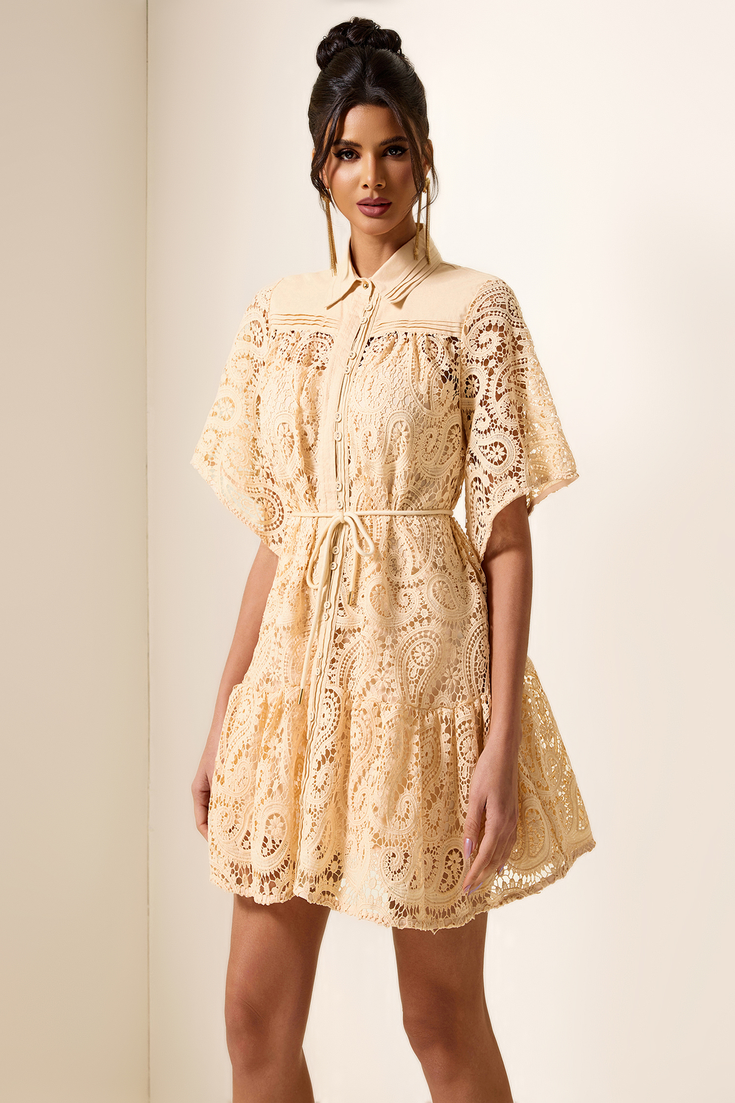 Solid Lace Shirt Collar Mini Dress