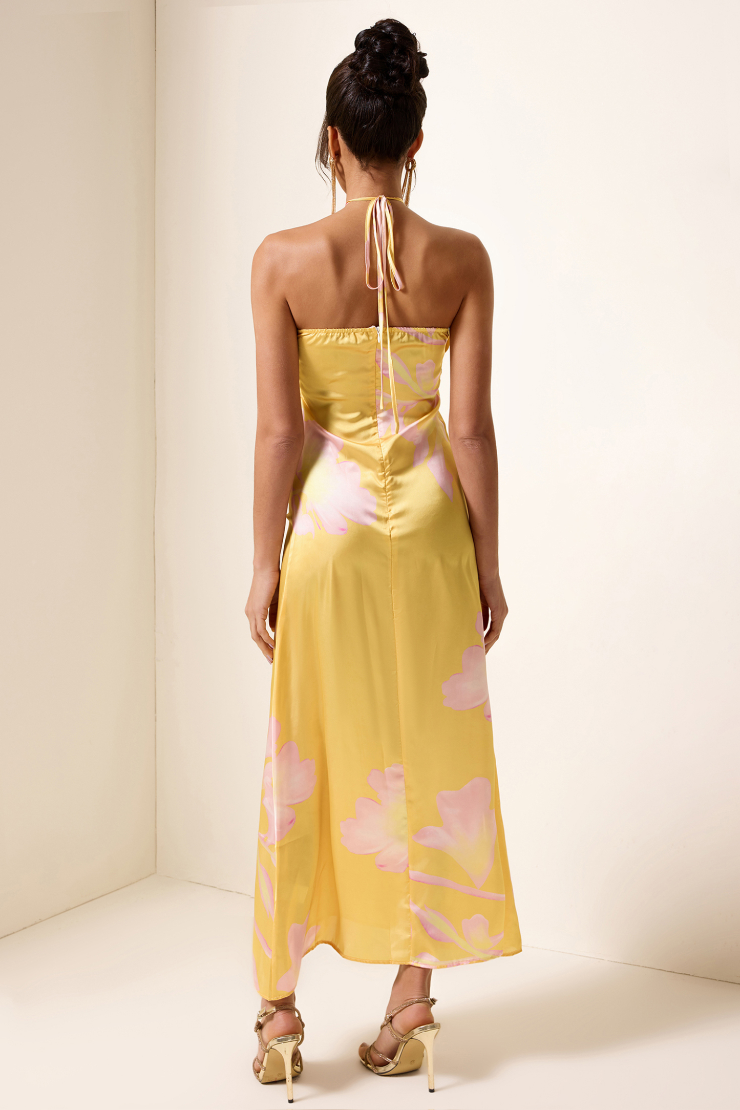 Satin Floral Halter Neck Midi Dress