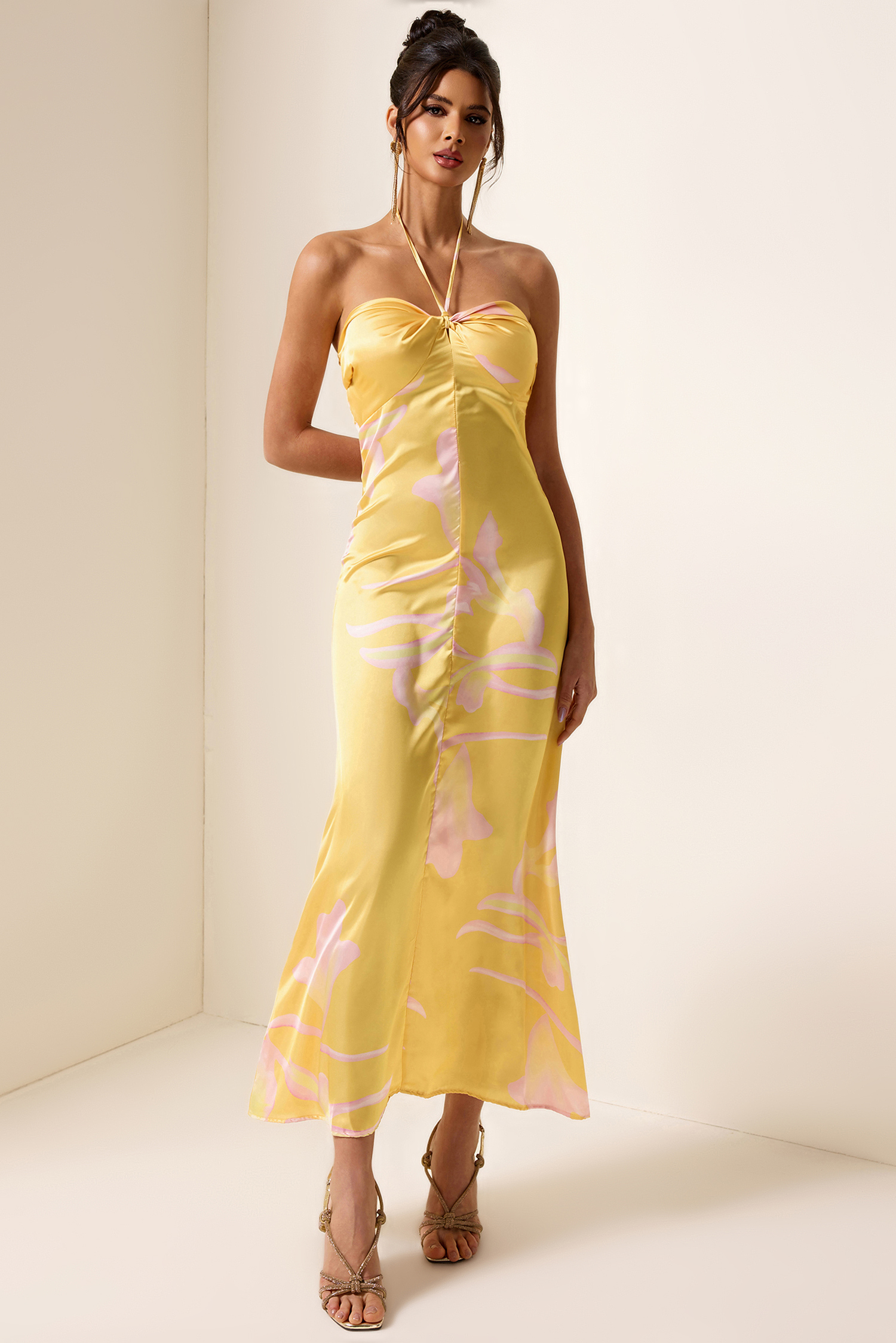 Satin Floral Halter Neck Midi Dress