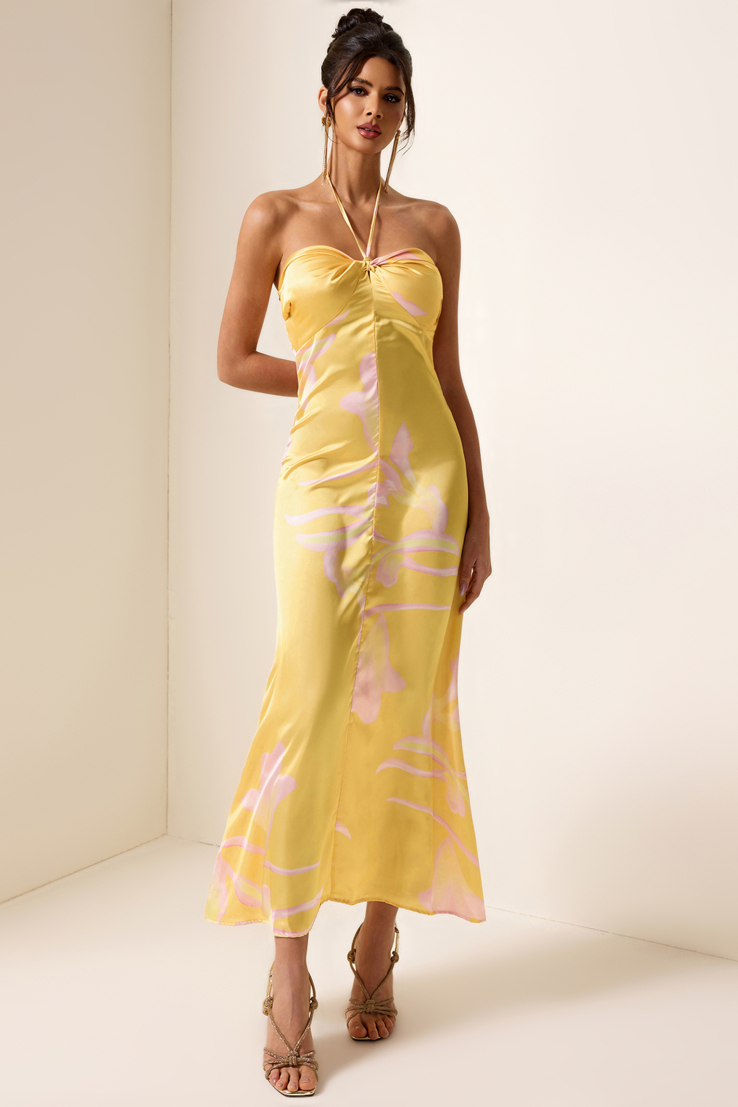 Satin Floral Halter Neck Midi Dress