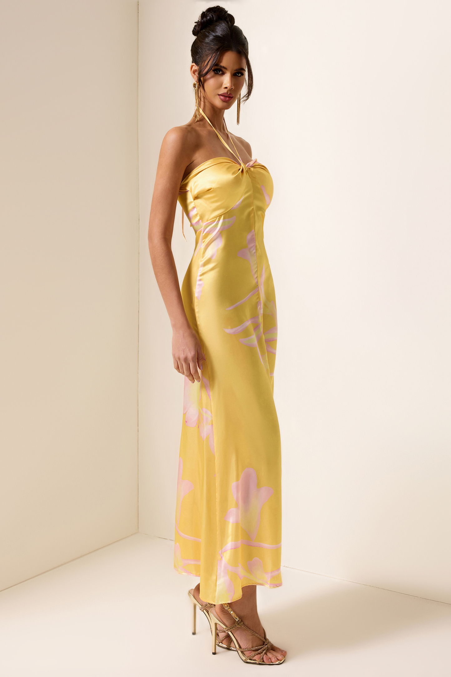 Satin Floral Halter Neck Midi Dress