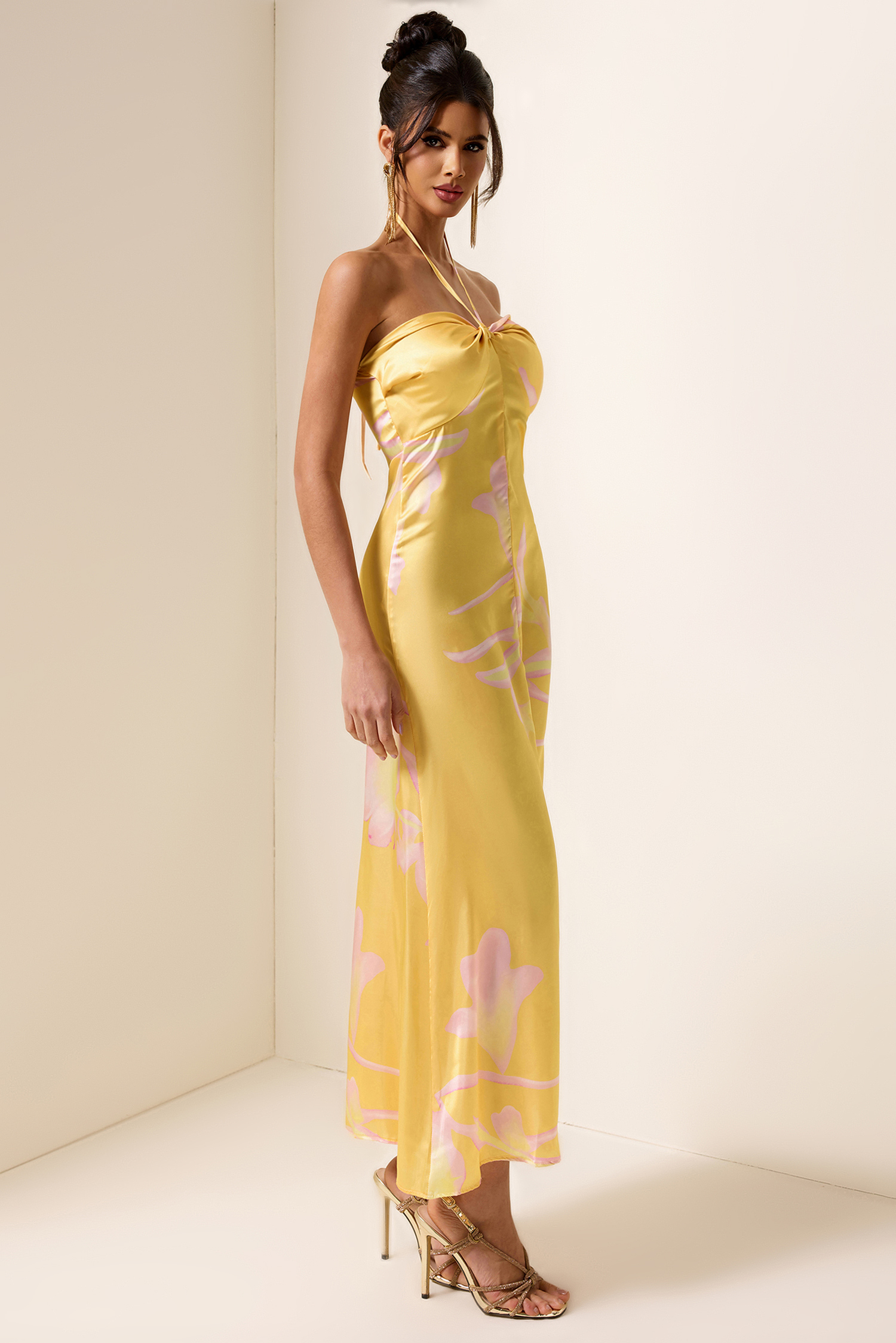 Satin Floral Halter Neck Midi Dress