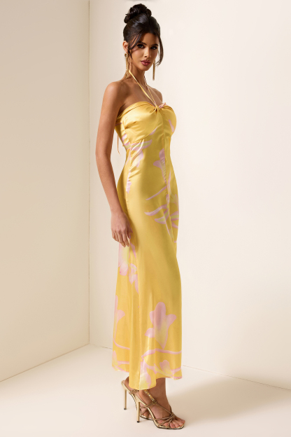 Satin Floral Halter Neck Midi Dress