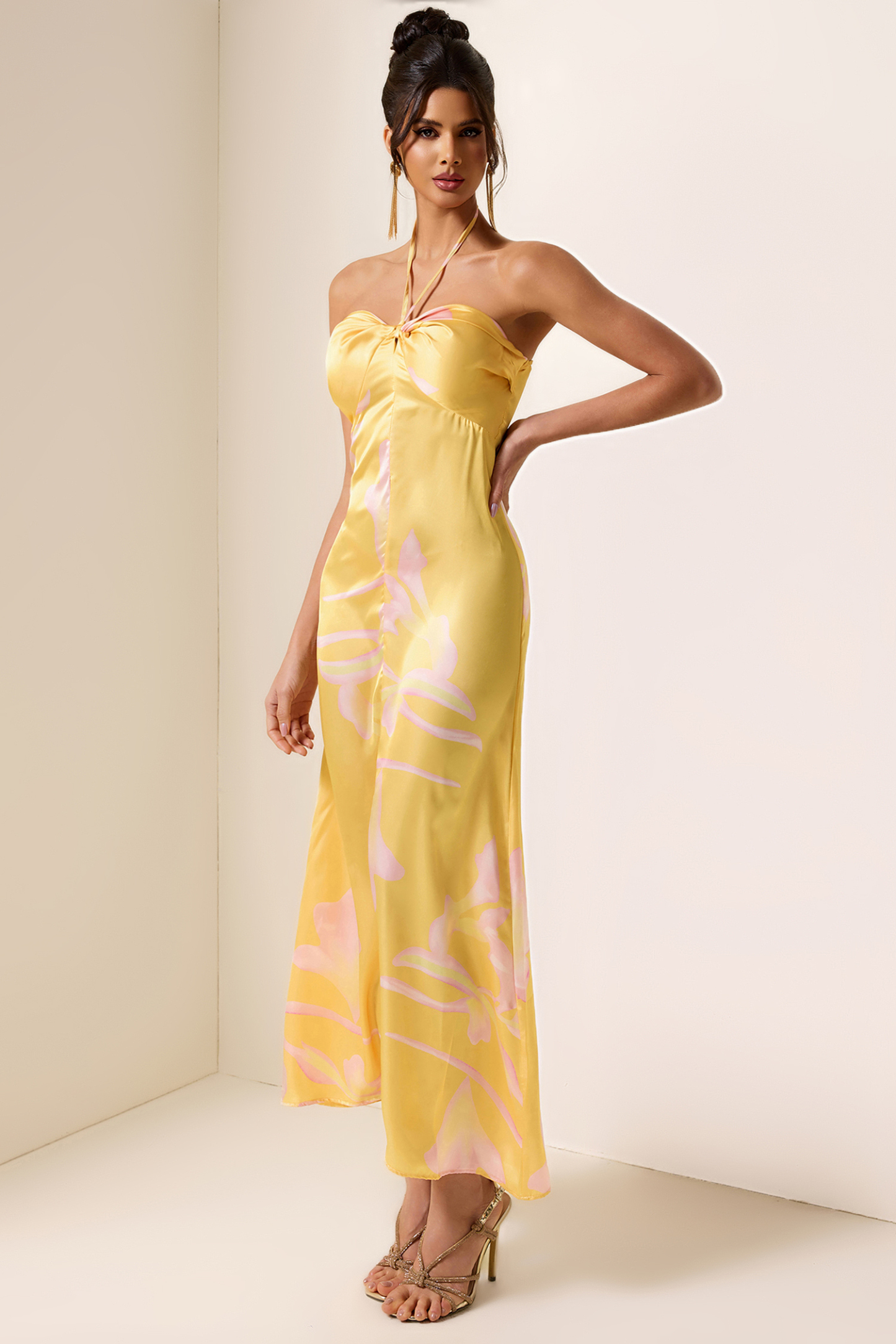 Satin Floral Halter Neck Midi Dress