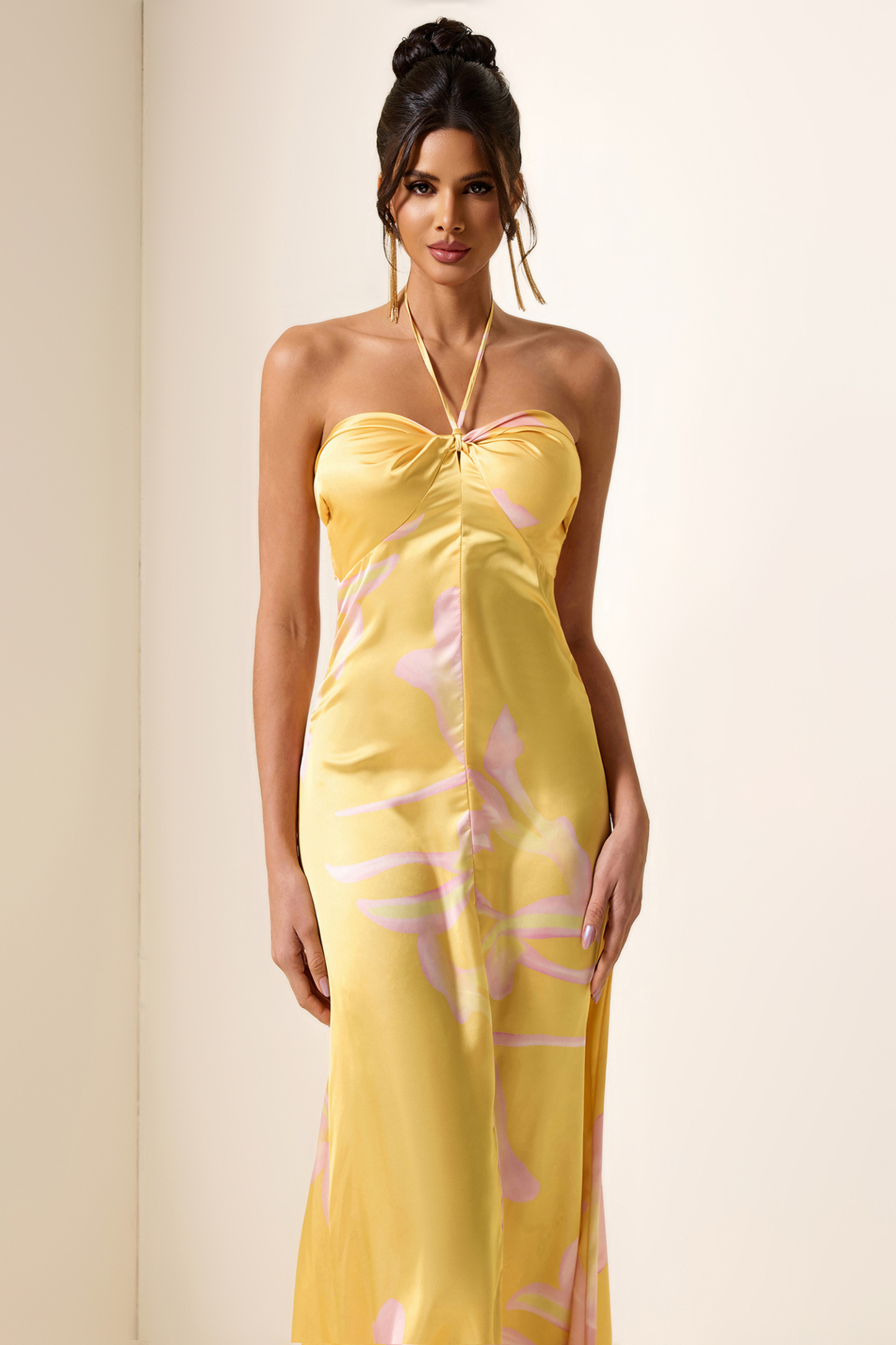 Satin Floral Halter Neck Midi Dress