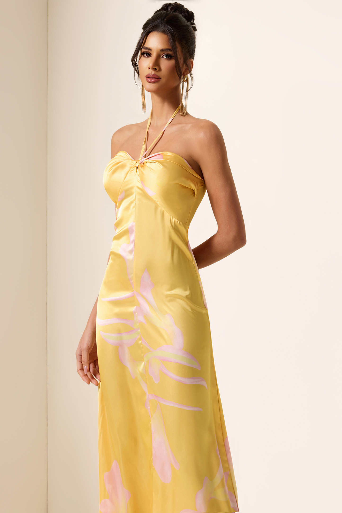 Satin Floral Halter Neck Midi Dress