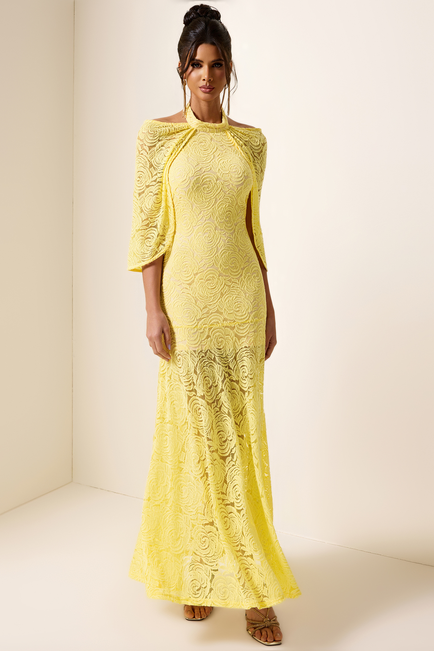 Embroidered Cape Halter Neck Maxi Dress