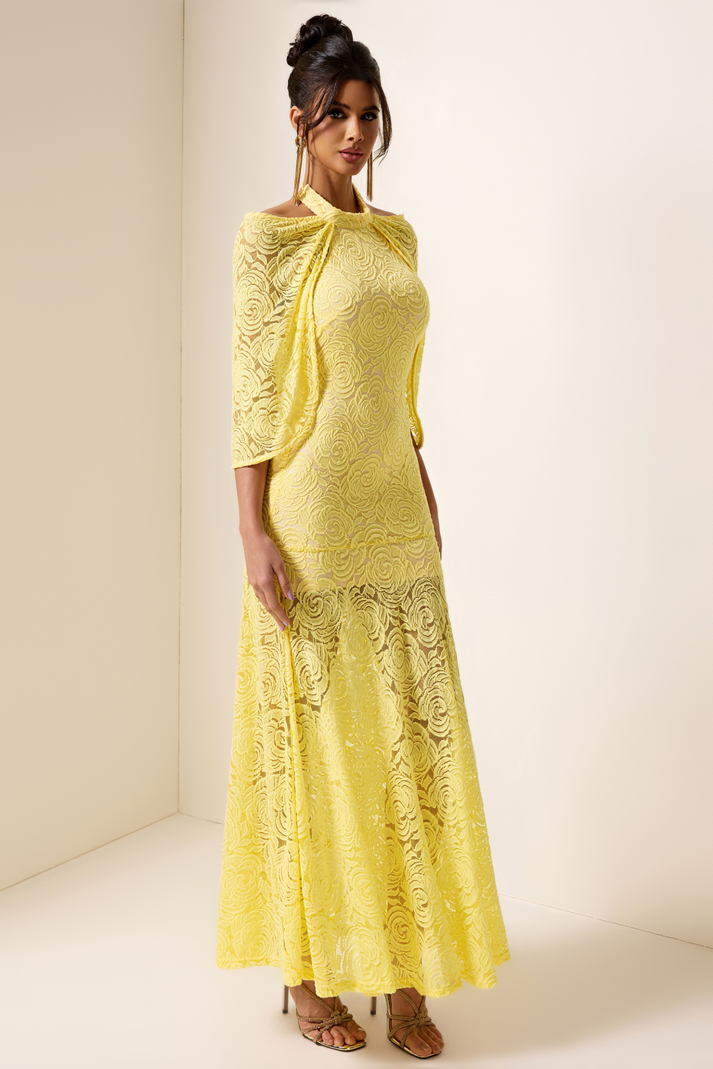 Embroidered Cape Halter Neck Maxi Dress