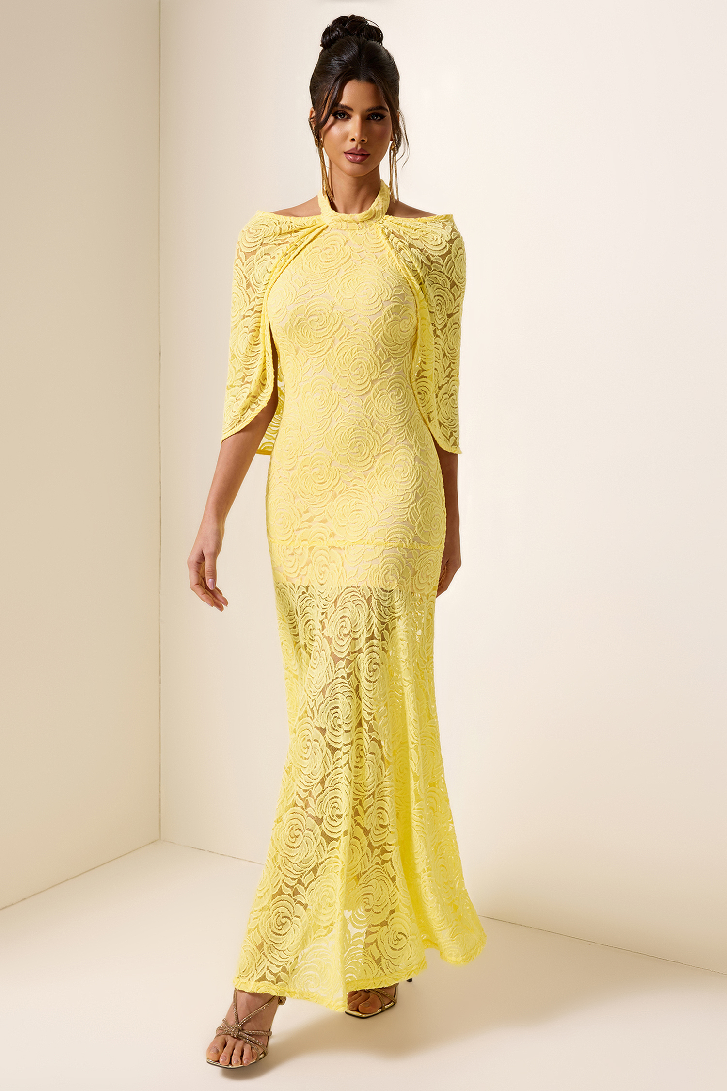 Embroidered Cape Halter Neck Maxi Dress
