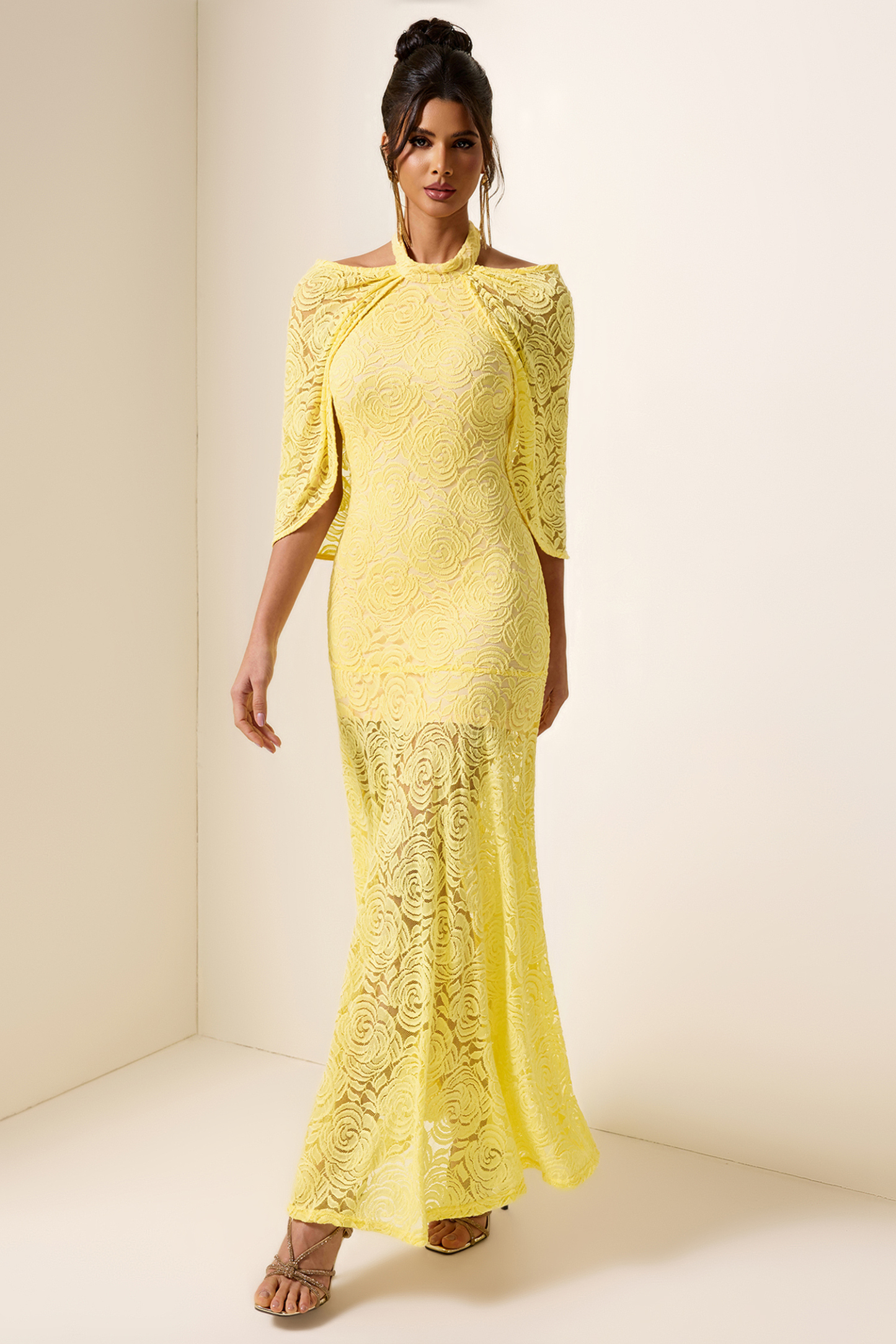 Embroidered Cape Halter Neck Maxi Dress