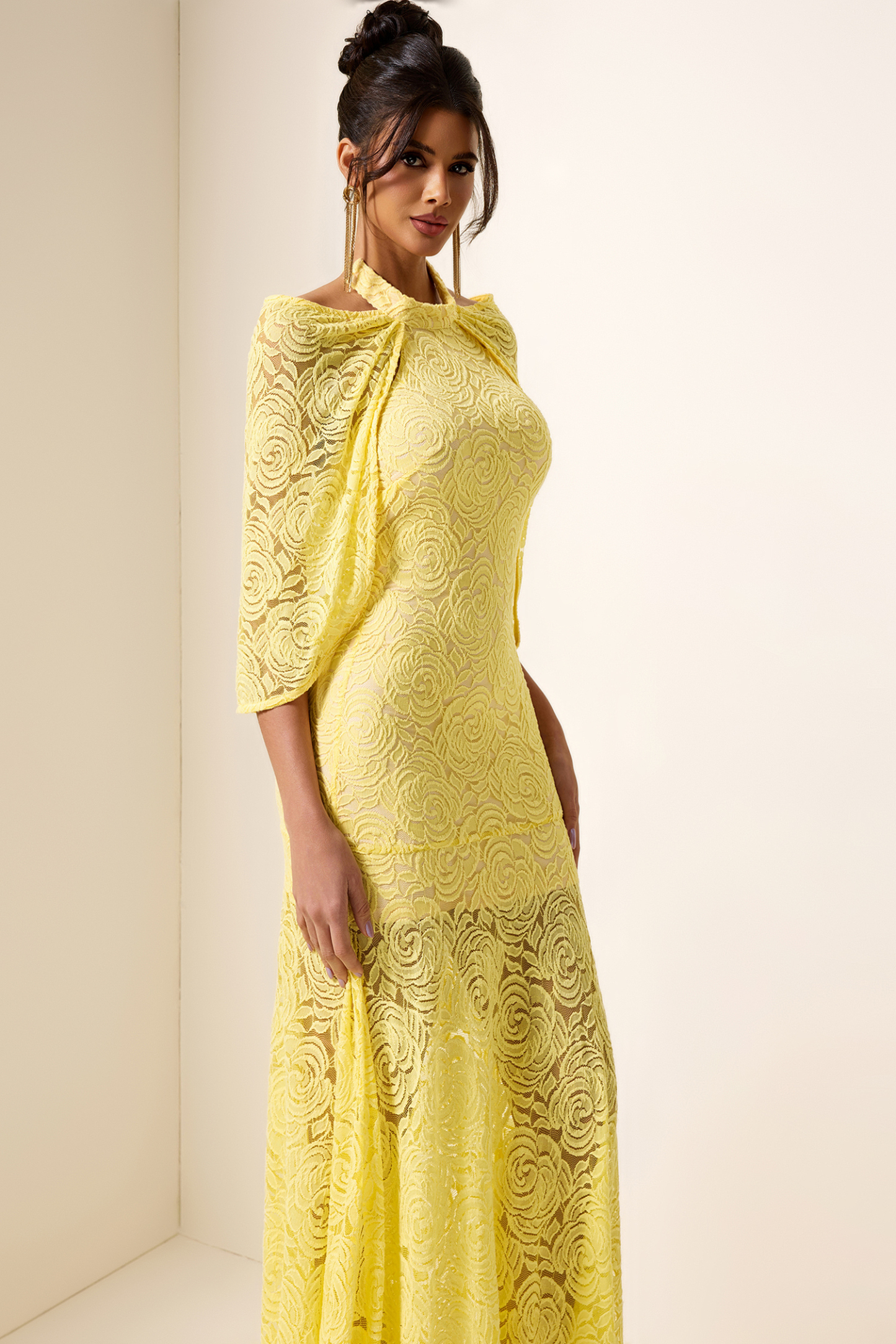 Embroidered Cape Halter Neck Maxi Dress