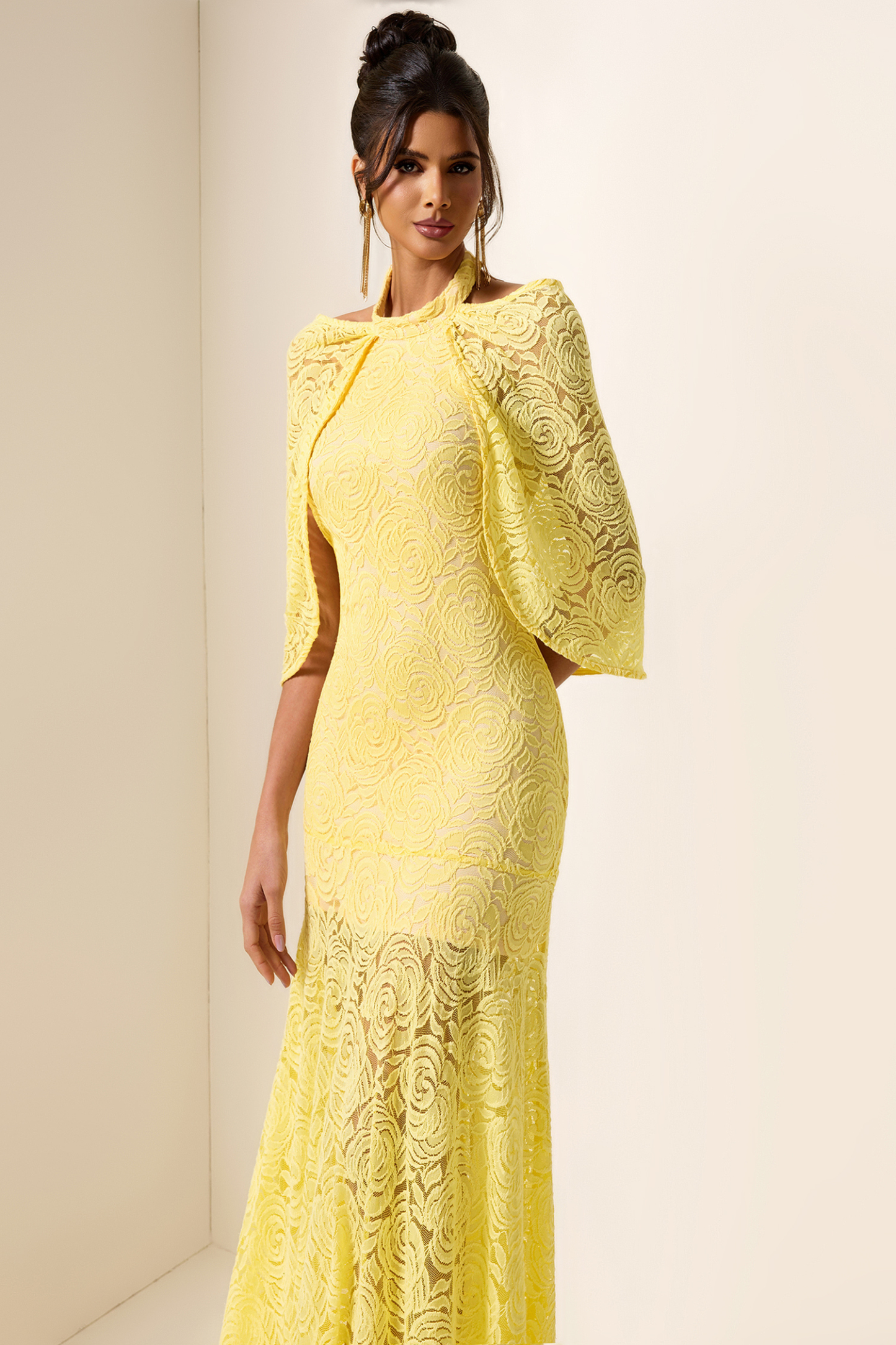 Embroidered Cape Halter Neck Maxi Dress