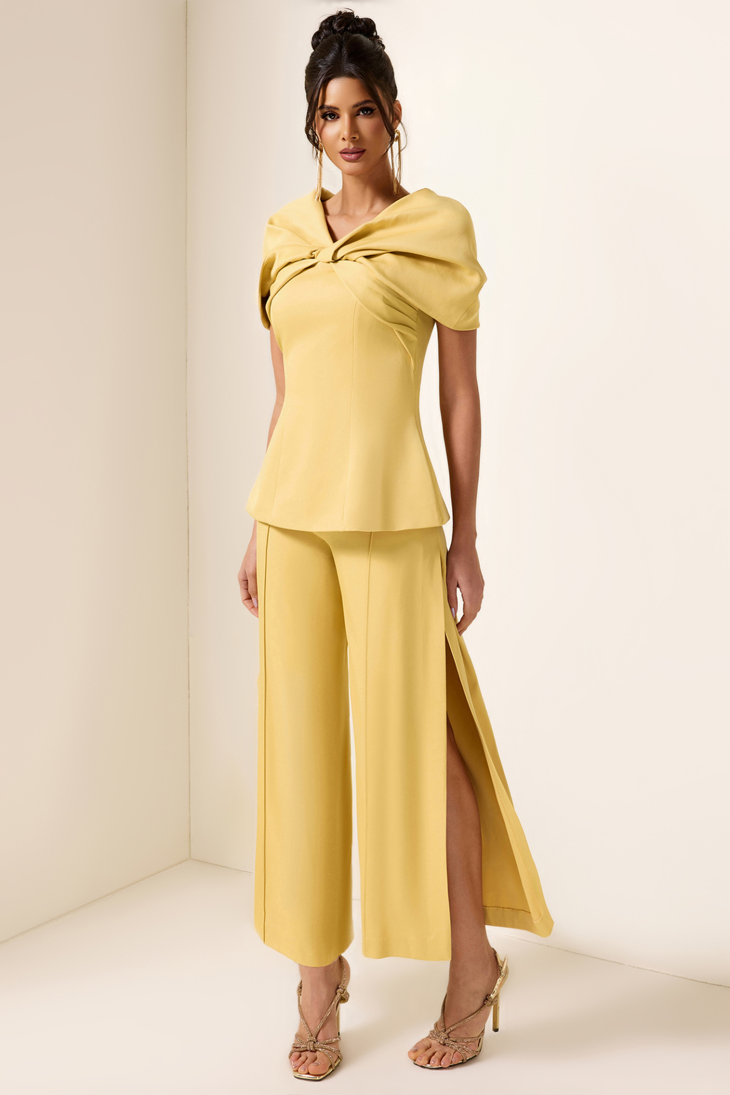 Knotted V-Neck Solid Top & High Waist Loose Pants