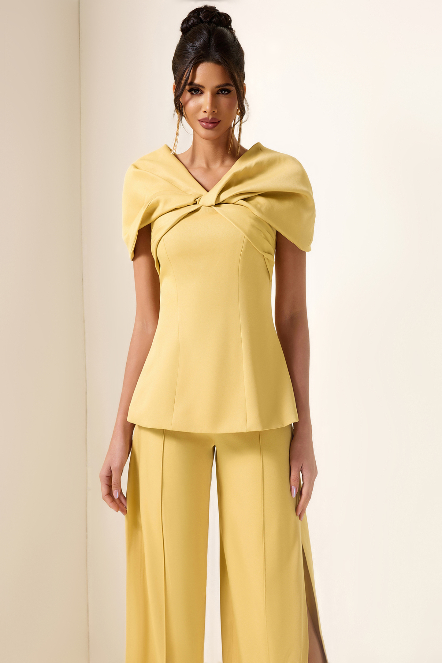 Knotted V-Neck Solid Top & High Waist Loose Pants