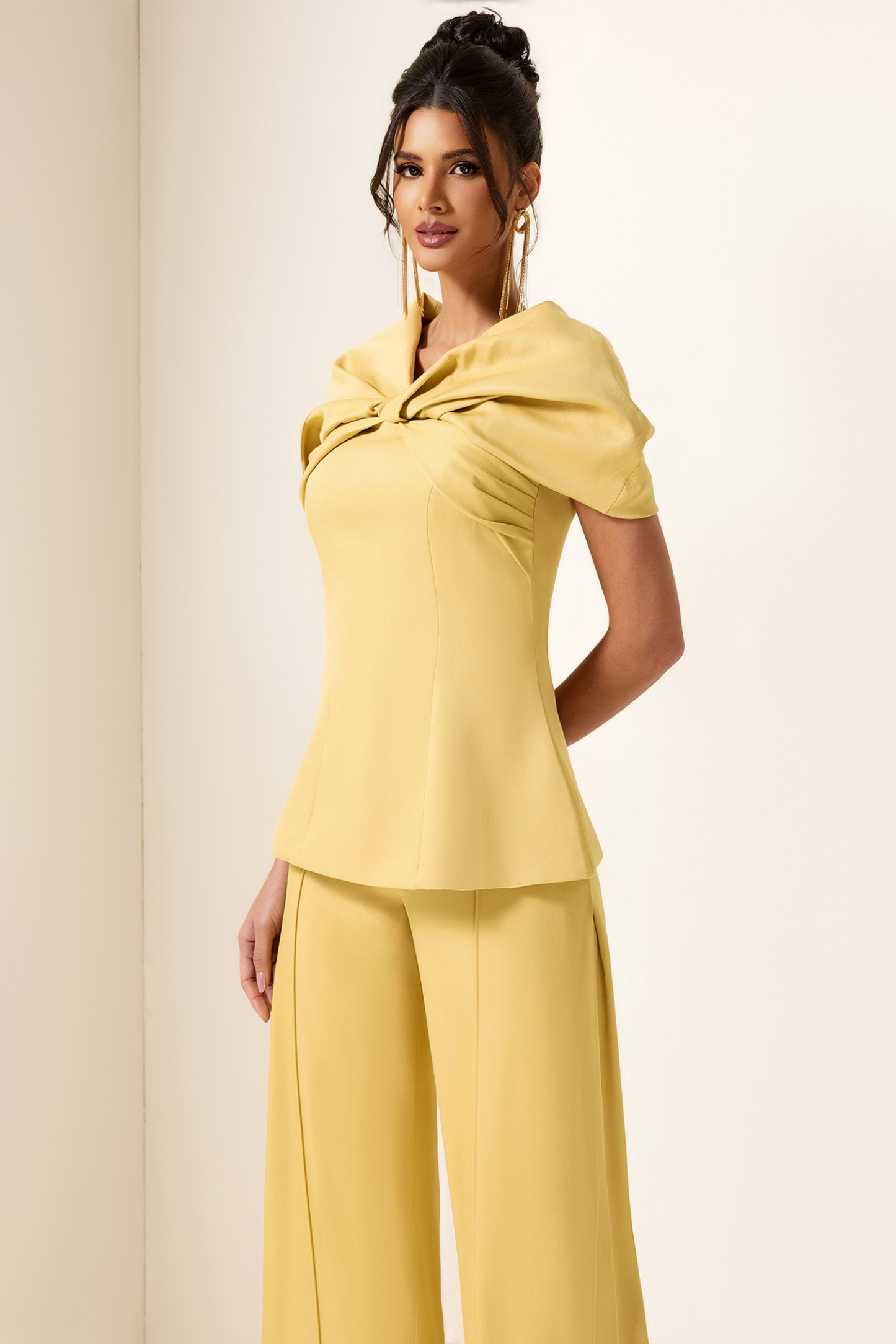 Knotted V-Neck Solid Top & High Waist Loose Pants