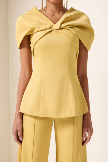Knotted V-Neck Solid Top & High Waist Loose Pants