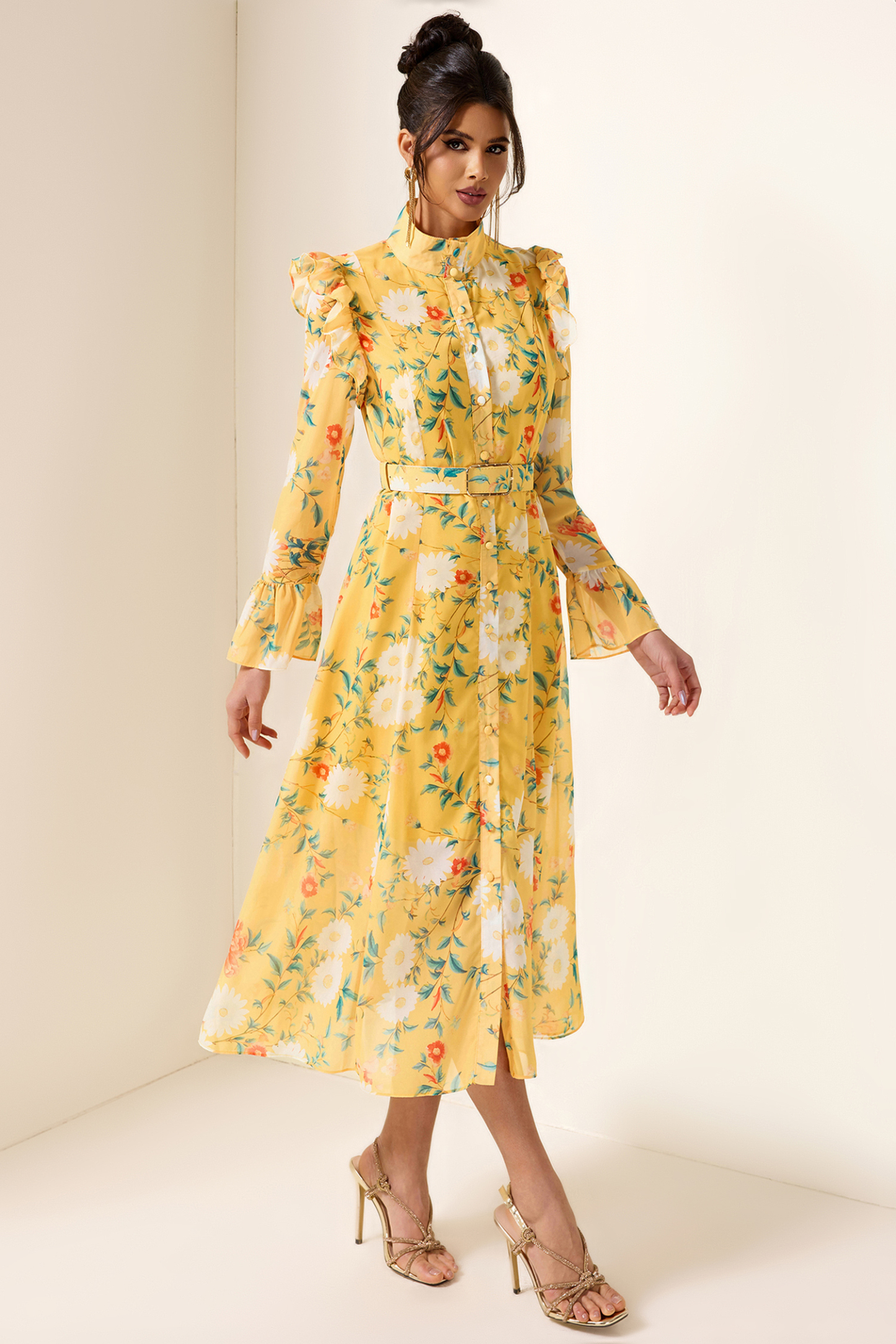 Floral Frill Butterfly Sleeve Midi Dress With Belt