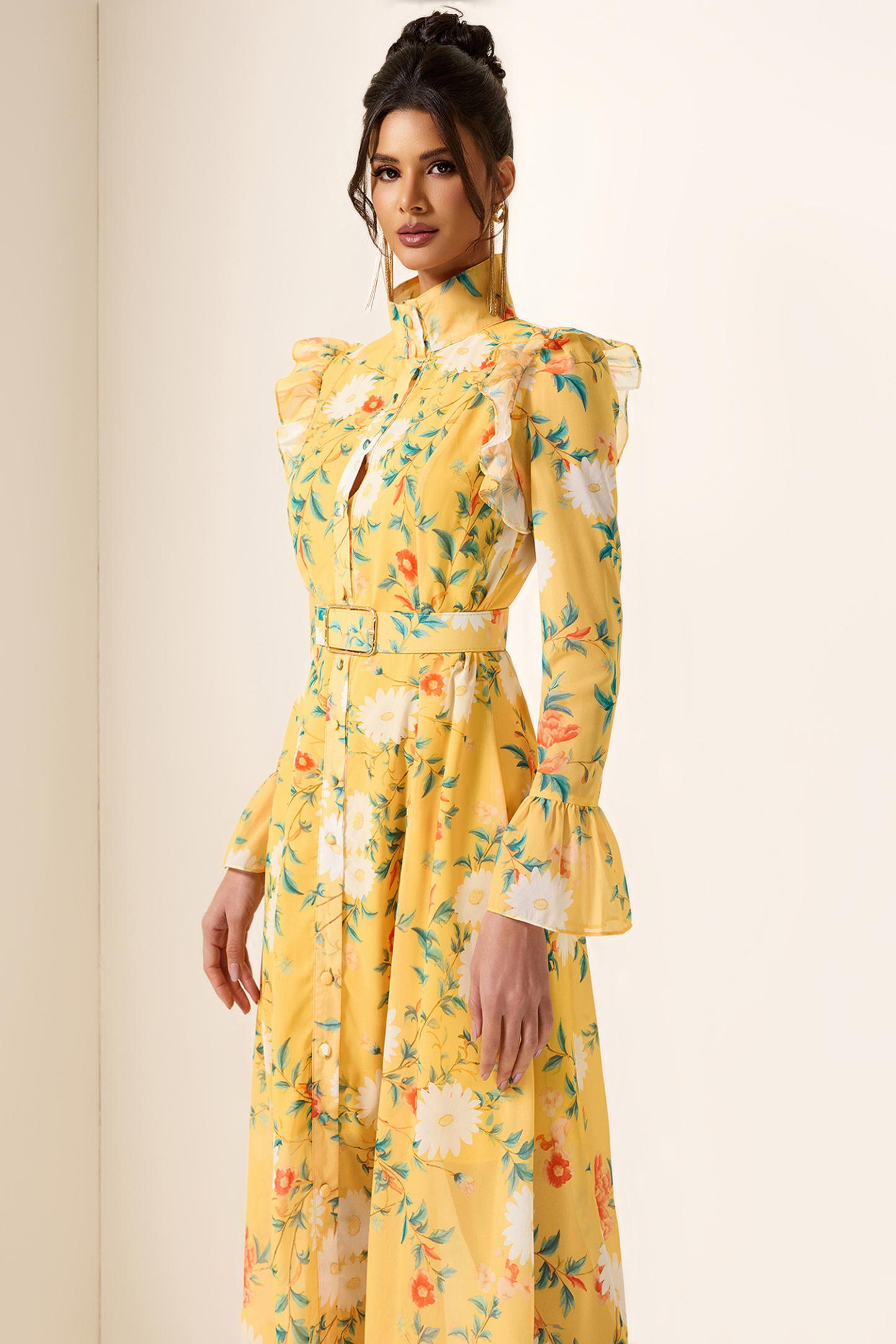 Floral Frill Butterfly Sleeve Midi Dress With Belt