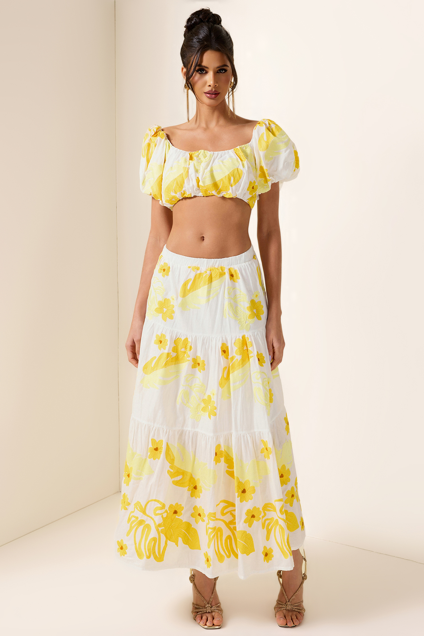 Embroidery Off-Shoulder Top & High Waist Midi Dress Set