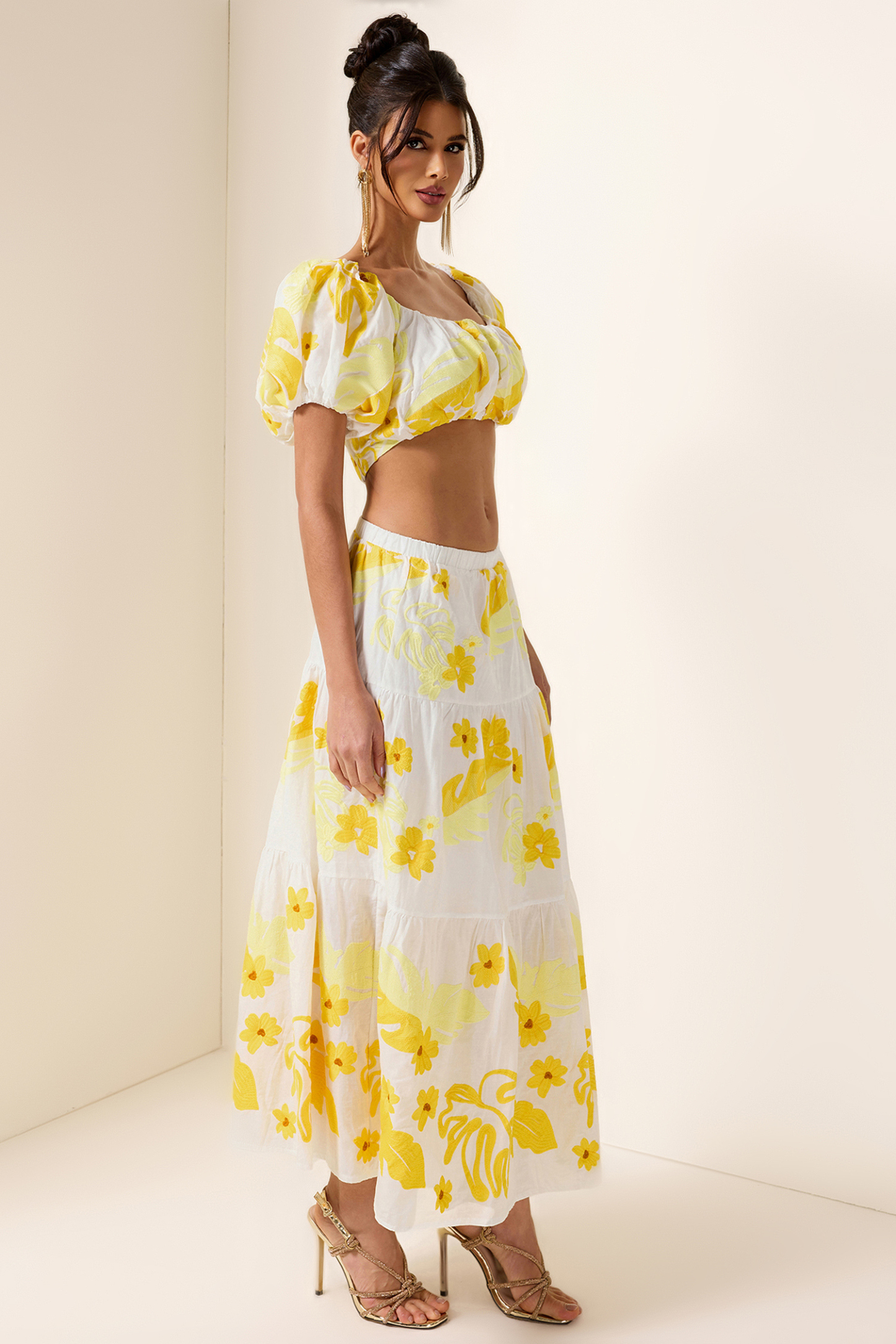 Embroidery Off-Shoulder Top & High Waist Midi Dress Set