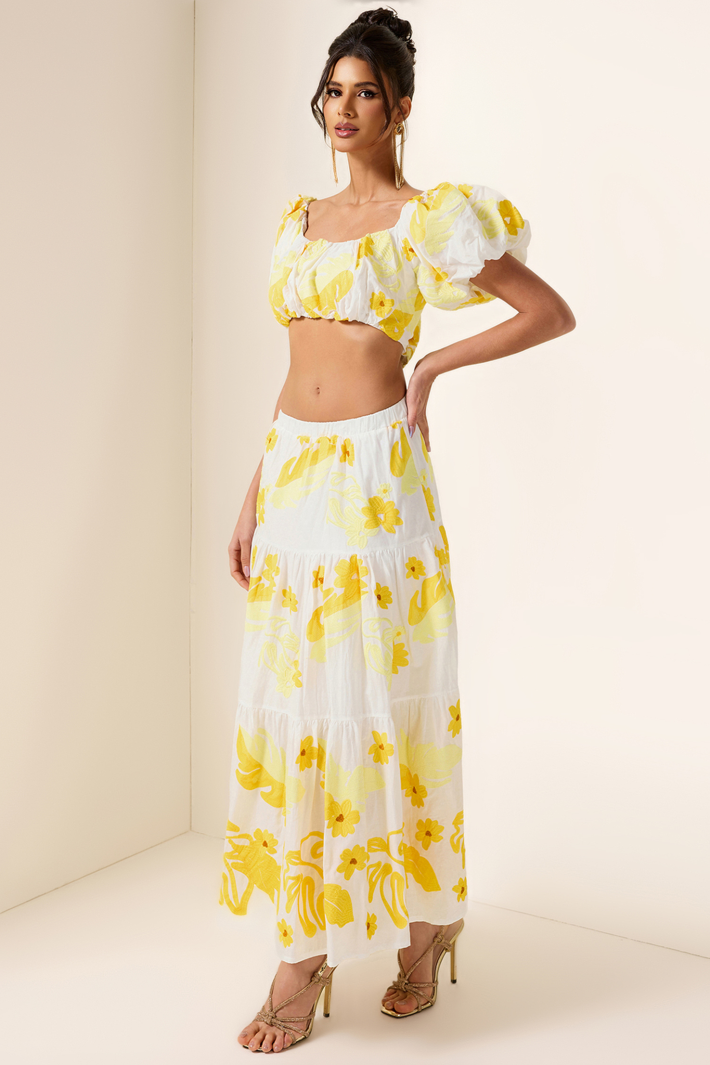Embroidery Off-Shoulder Top & High Waist Midi Dress Set