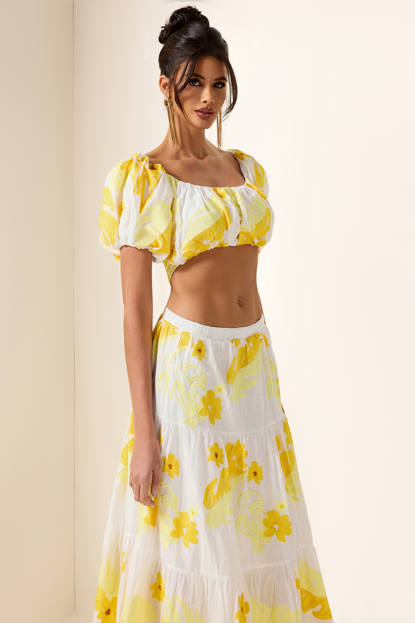 Embroidery Off-Shoulder Top & High Waist Midi Dress Set
