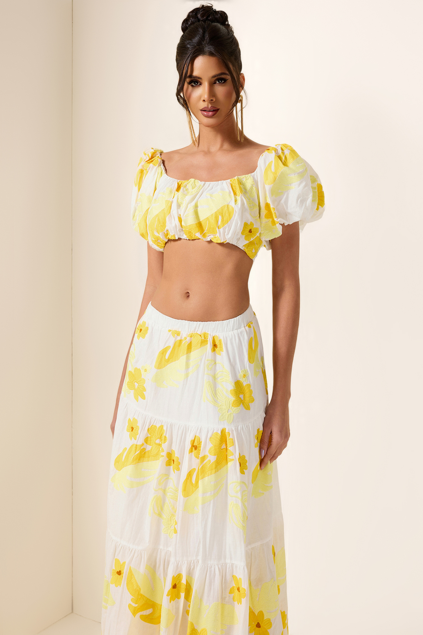 Embroidery Off-Shoulder Top & High Waist Midi Dress Set