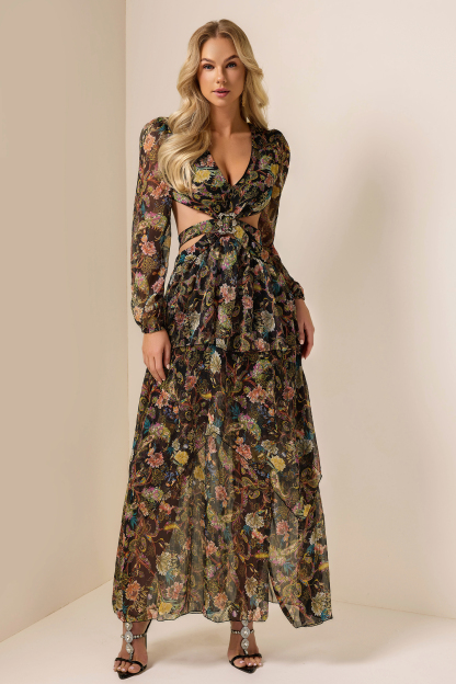 Chiffon Paisley Print Long Sleeve Midi Dress