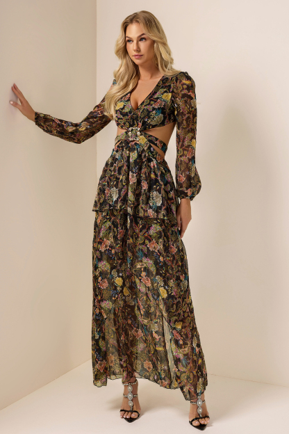 Chiffon Paisley Print Long Sleeve Midi Dress