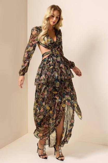 Chiffon Paisley Print Long Sleeve Midi Dress