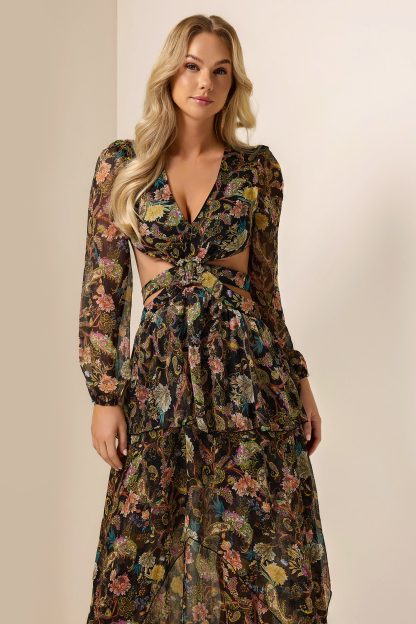 Chiffon Paisley Print Long Sleeve Midi Dress