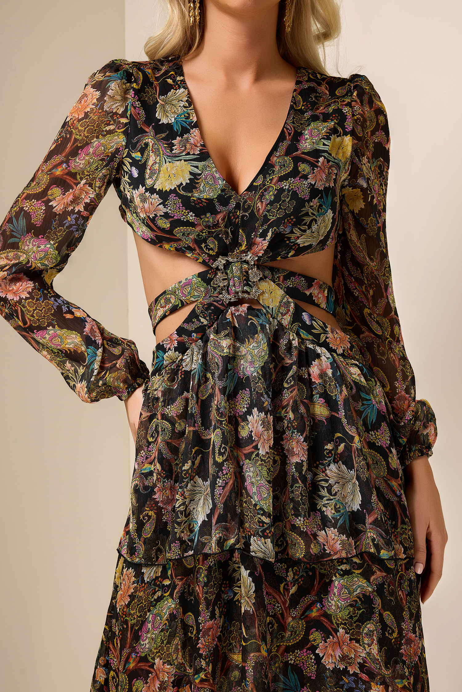 Chiffon Paisley Print Long Sleeve Midi Dress
