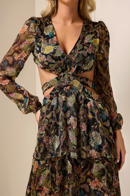 Chiffon Paisley Print Long Sleeve Midi Dress