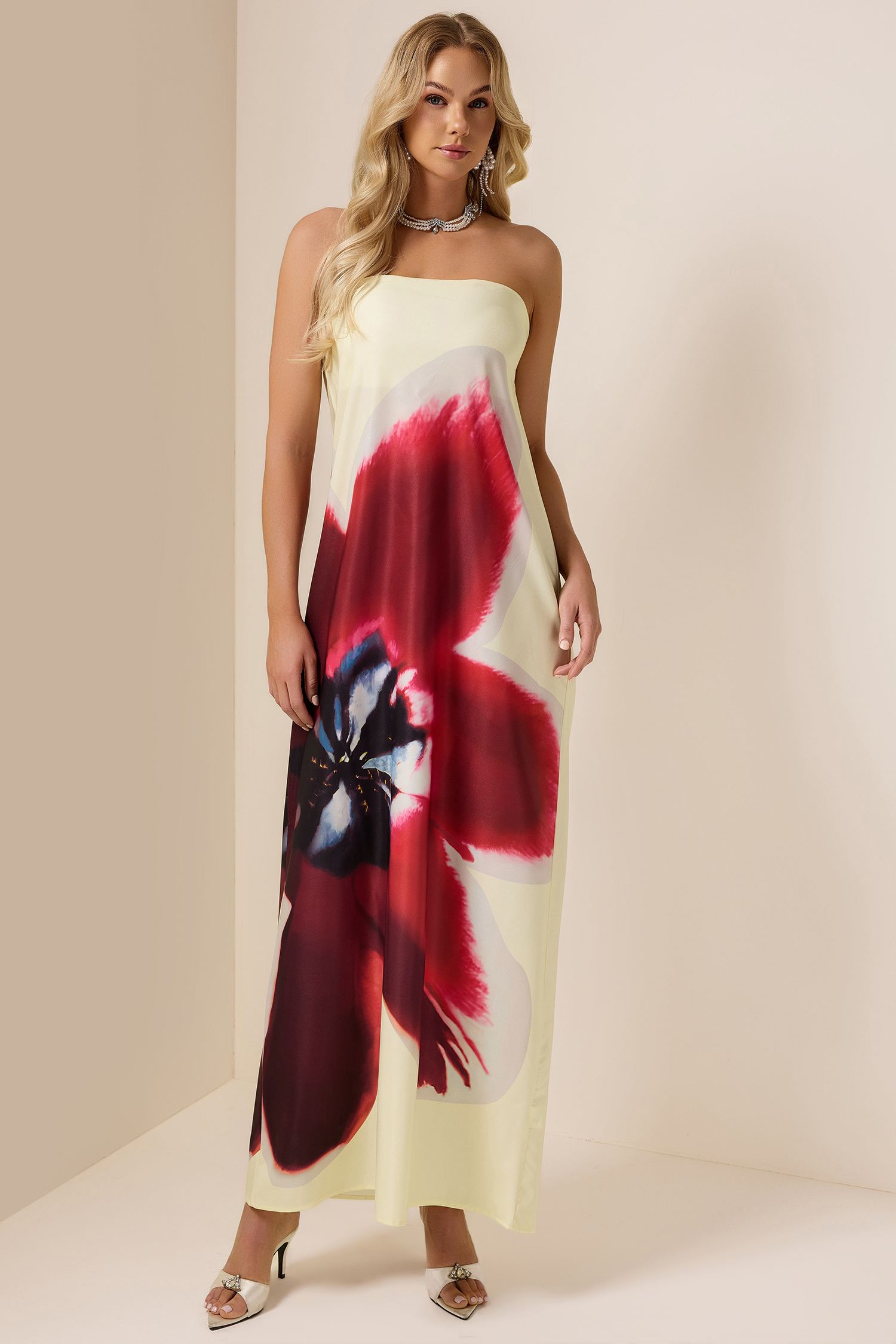 Floral Satin Off Shoulder Maxi Dress