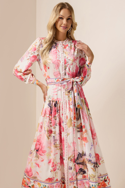 Floral Lantern Sleeve Bottom Midi Dress With Belt