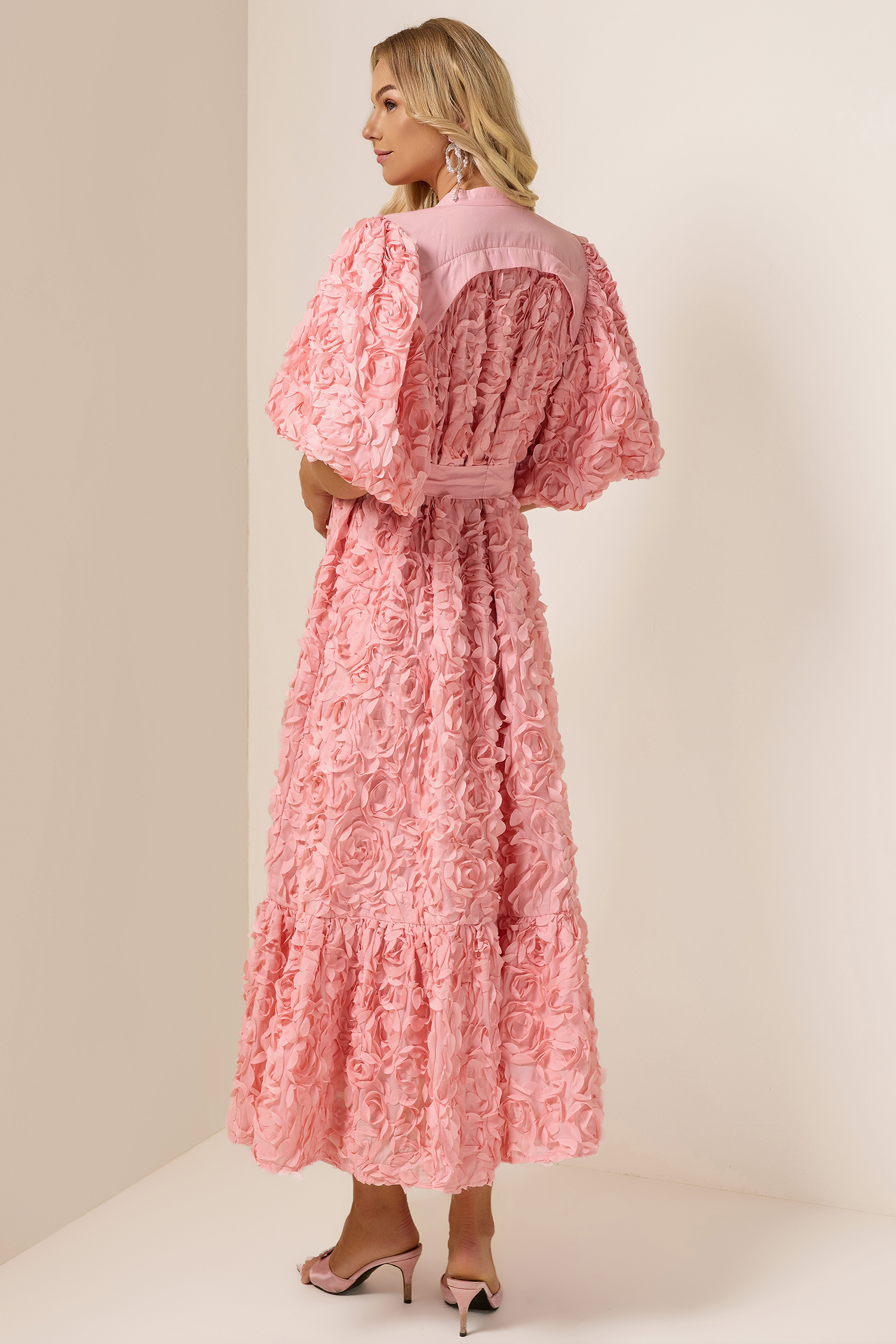 3D Flower Lace-Up Puff Sleeve Midi Dress