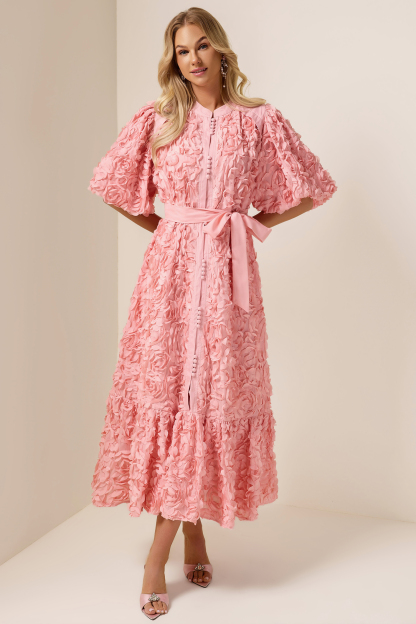3D Flower Lace-Up Puff Sleeve Midi Dress