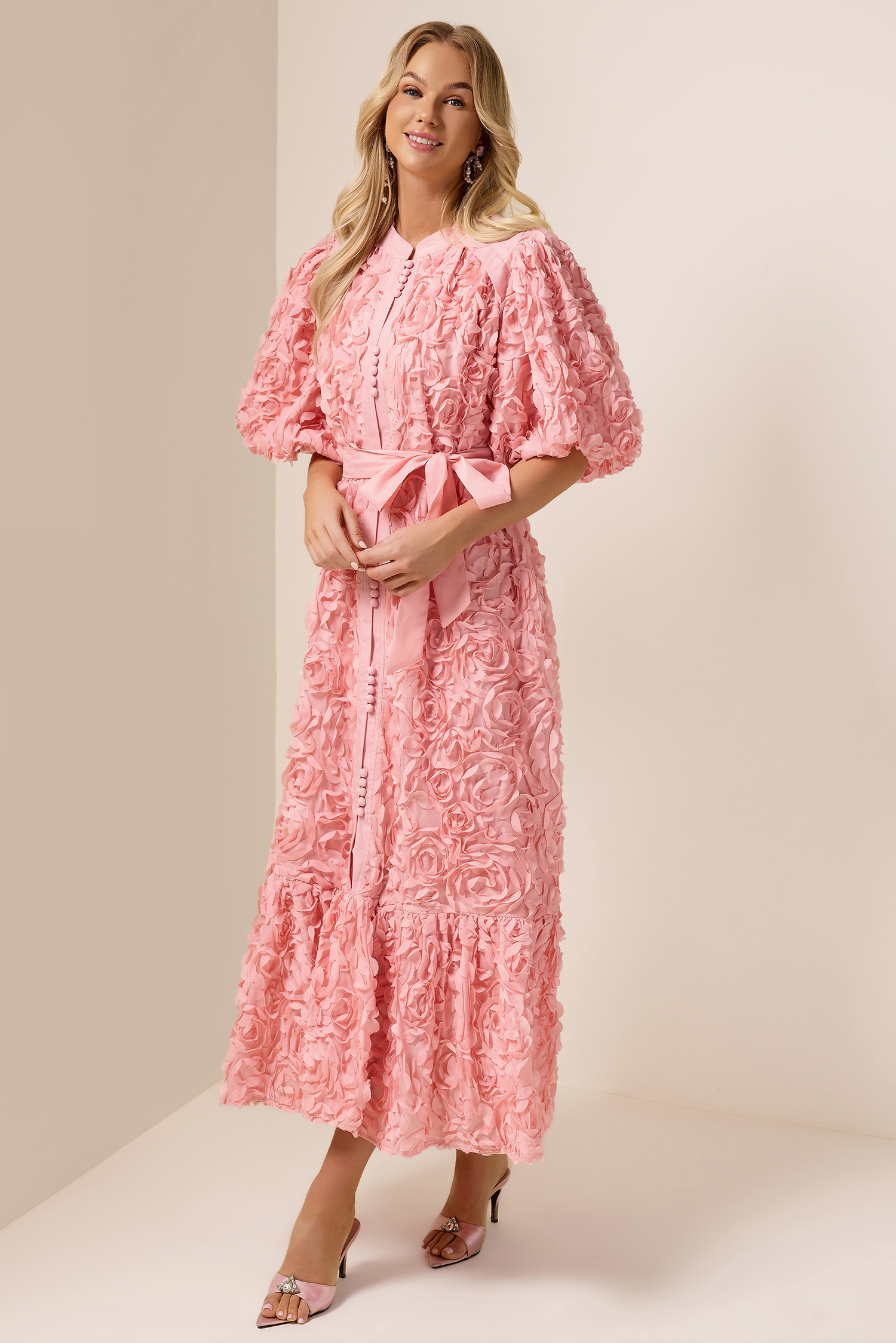 3D Flower Lace-Up Puff Sleeve Midi Dress