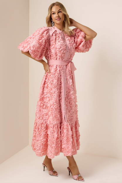 3D Flower Lace-Up Puff Sleeve Midi Dress
